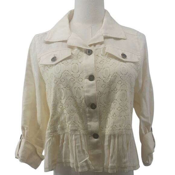 Multiples Petite Small Jacket Womens Cream Linen/lace Long Sleeve Cottagecore - Picture 1 of 9